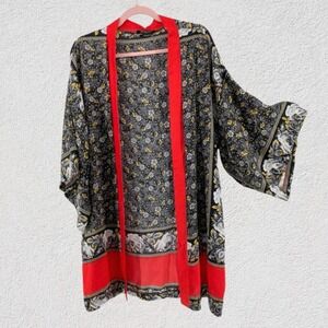 Beulah Style Floral Kimono Duster Black Red Yellow Open Front Women OS Boho